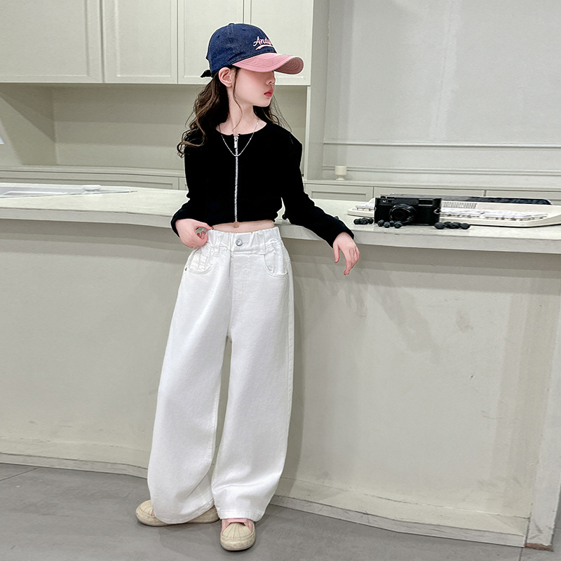 Pantalones vaqueros rectos blancos Vintage para niños con lazos para niñas, nuevos pantalones vaqueros holgados ajustados de primavera, pantalones vaqueros informales para niños y adolescentes