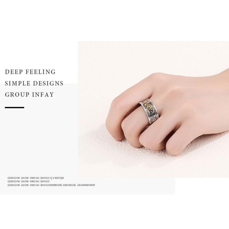 Feng Shui Pixiu Mani Mantra Wealth Ring Lucky Retro Silver Male
