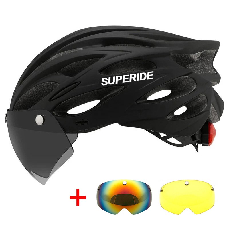 SUPERIDE Outdoor Cycling Helmet with Rearlight Unisex Mountain Road Bike Helmet Sports MTB Bicycle Helmet with Goggles &amp; Visor: Black 3 Lenses