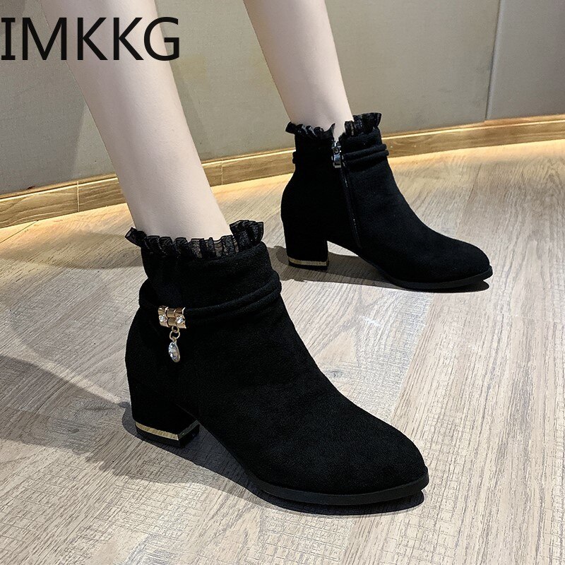 Bottines en dentelle à volants pour femme, chaussures courtes de soirée, élégantes, à talons hauts, Style anglais, chaudes, hiver