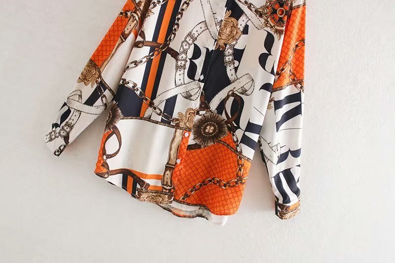 Camisa vintage para mujer, con estampado de cadena a juego, blusa de negocios de manga larga para mujer, blusas retro chic de otoño LS4311