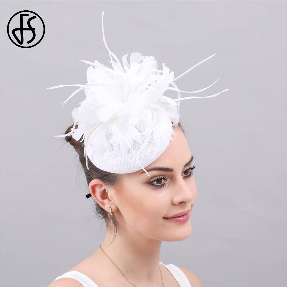 Fs Vrouwen Hoeden Vlas Wit Tovenaar Hoed Voor Bruiloft Cocktail Elegante Vrouwelijke Britse Dame Kerk Veer Hoeden Derby Fedora