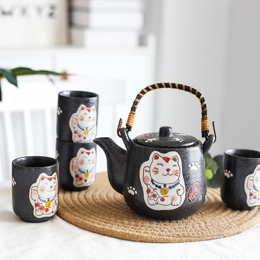 5 pçs design japonês gato sorte cerâmica pote de chá canecas kit com filtro decoração para casa para o aniversário de casamento presentes de natal