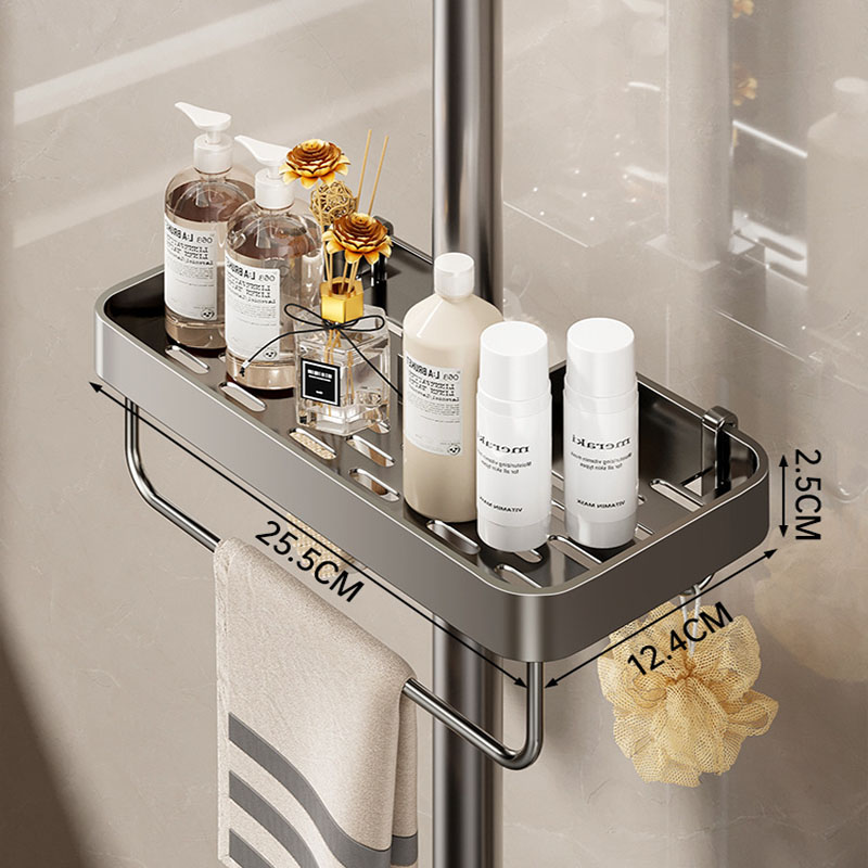 Rack de armazenamento para chuveiro de banheiro, haste de elevação, gel de banho, shampoo, organizador sem perfuração, suporte de liga de alumínio com ganchos: BRANCO