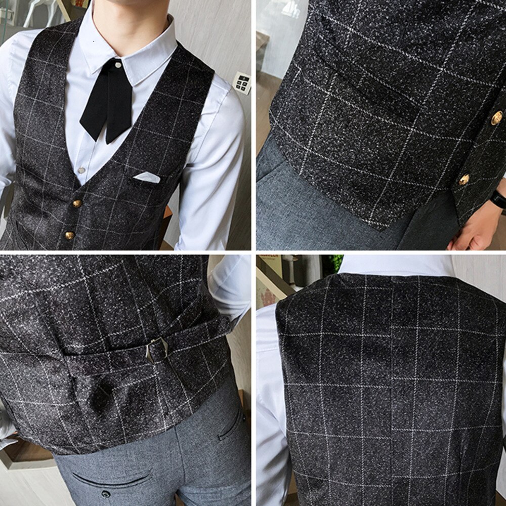 Plaid Suit Dress Vest For Men Casual Slim Fit Waistcoat Mens Formal Business Wedding Tuxedo Gilet Homme Chalecos Para Hombre