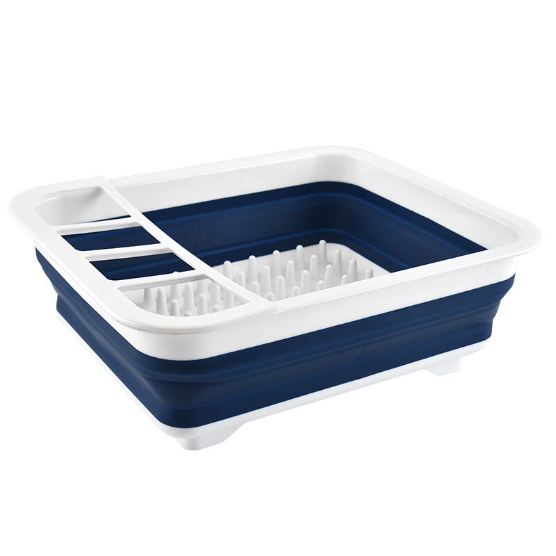 Folding Drain Rack Dishes Cutlery Storage Box Drainer Stand Cup Holder for Kitchen Tableware UD88: dark blue