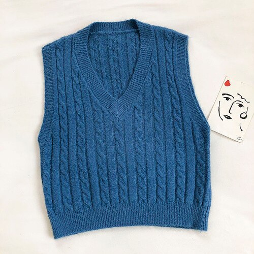 Gagarich Vest Women Autumn Korean Style Solid Color All-match Retro Pattern Knitted Slim V-neck Sleeveless Top Casual: Blue