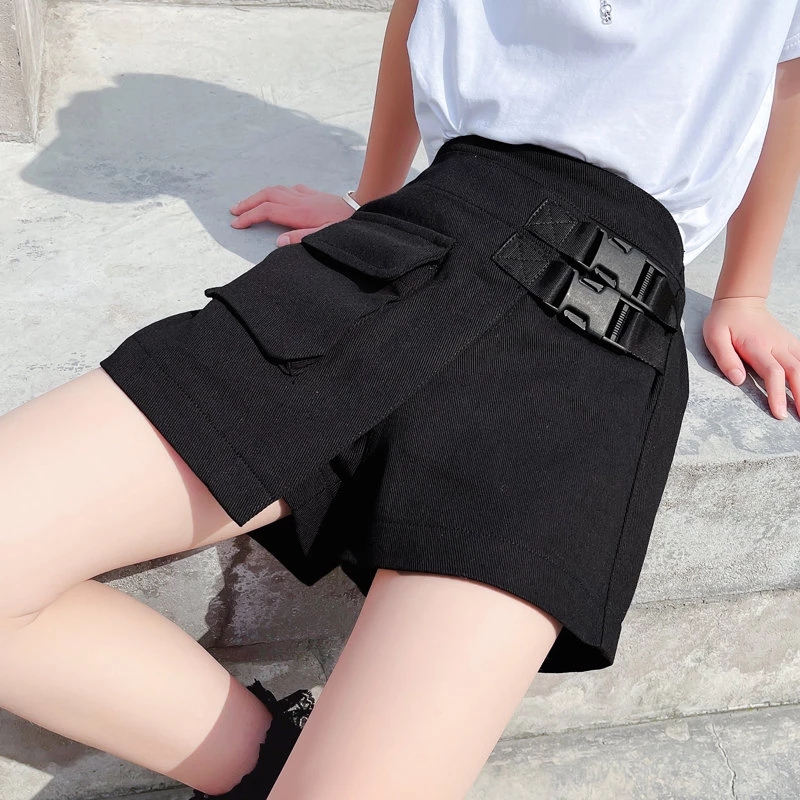 New summer teenage Girls pantaloncini con cintura neri a vita alta pantaloncini neri in cotone per bambini con cintura per 5 6 7 8 9 10 11 12 13 14 anni: 13