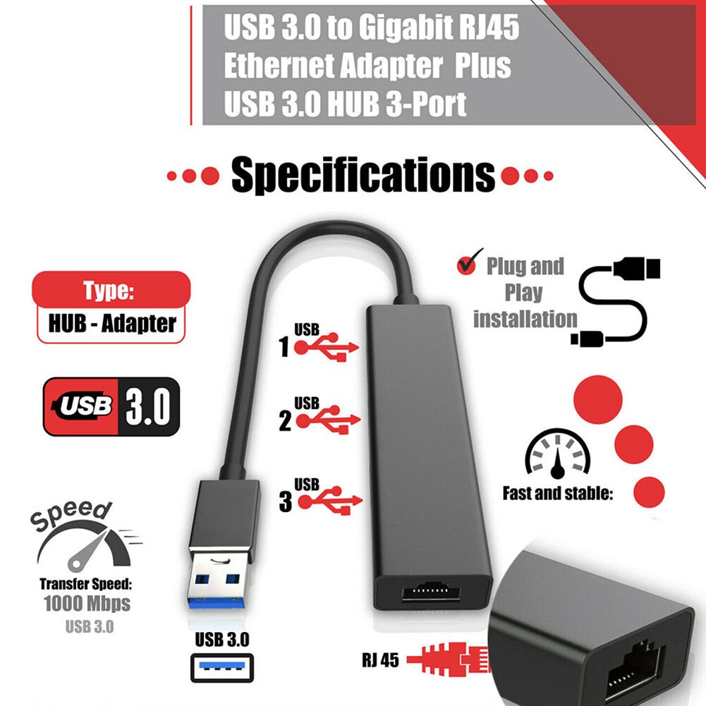 1000Mbps Ethernet LAN Plug And Play With RJ45 Converter Home Data Transmission High Speed For PC 3 Port Hub USB Network Adapter