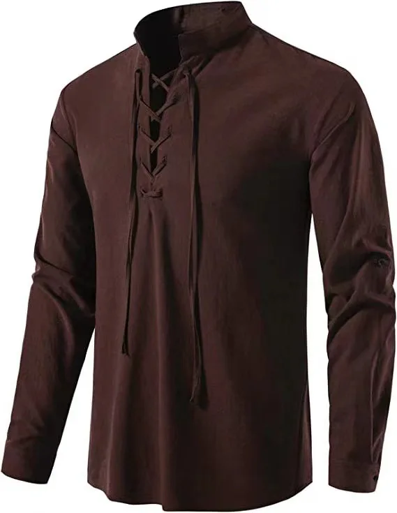 Novos Homens Decote Em V Camisa T-Shirt Moda Vintage Fino Top Manga Longa Homens Casual Respirável Viking Frente Lace Up Ho