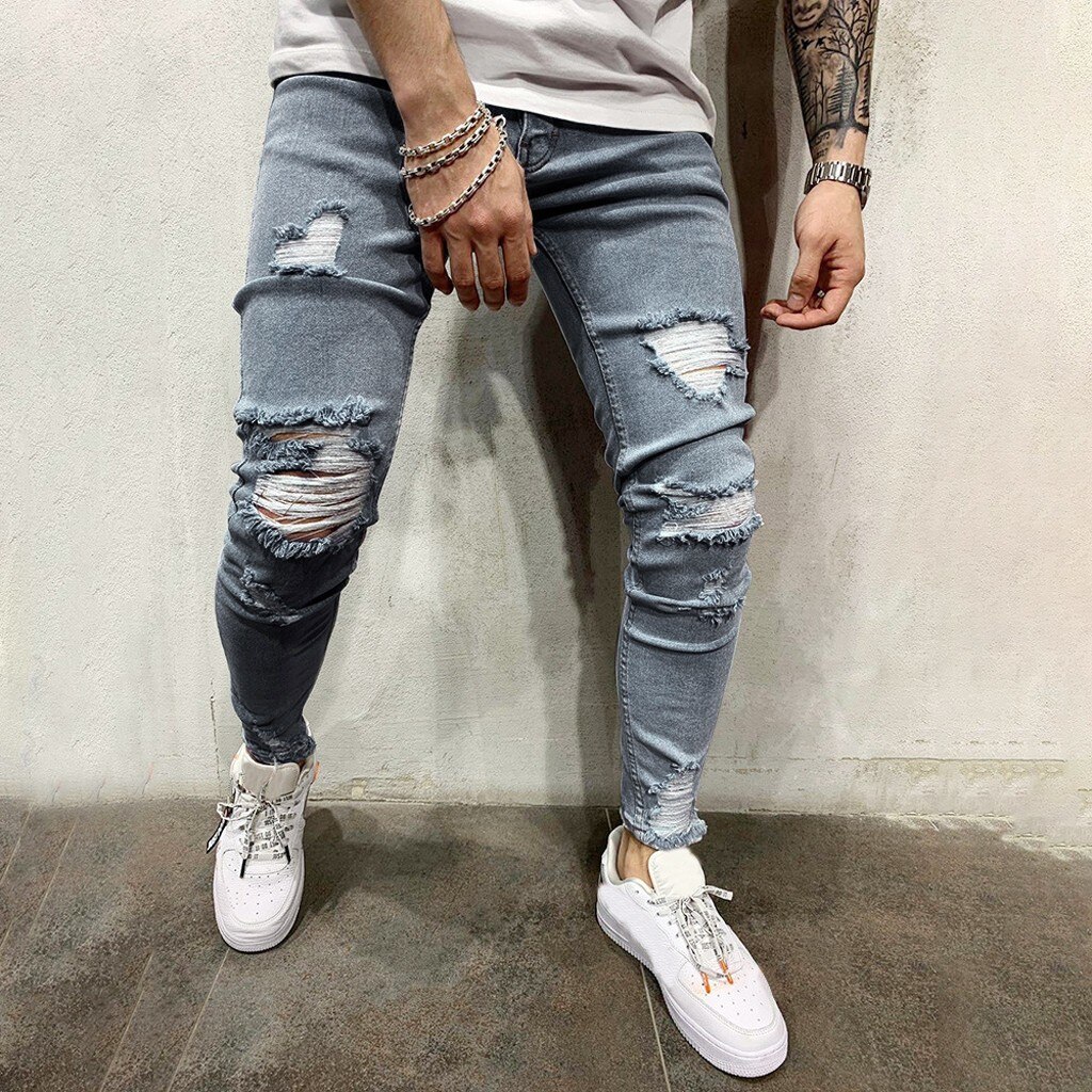 Men Stretchy Ripped Skinny Biker Embroidery Print Slim Fit Jeans Casual Summer Male Ripped Skinny Trousers Slim Biker Outwears