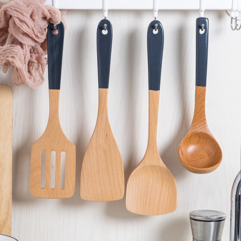 Solid Wood Handle Non Stick Cooking Pot Set Soup Spoon Rice Scoop Spatula Kitchen Cookware Utensils Set Home Gadget Tools Sets