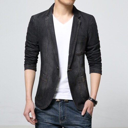 Hommes coupe ajustée Denim Jean Blazer loisirs homme costume Jean veste décontracté simple bouton Cowboy manteaux: black / XXL for 68-74 kg