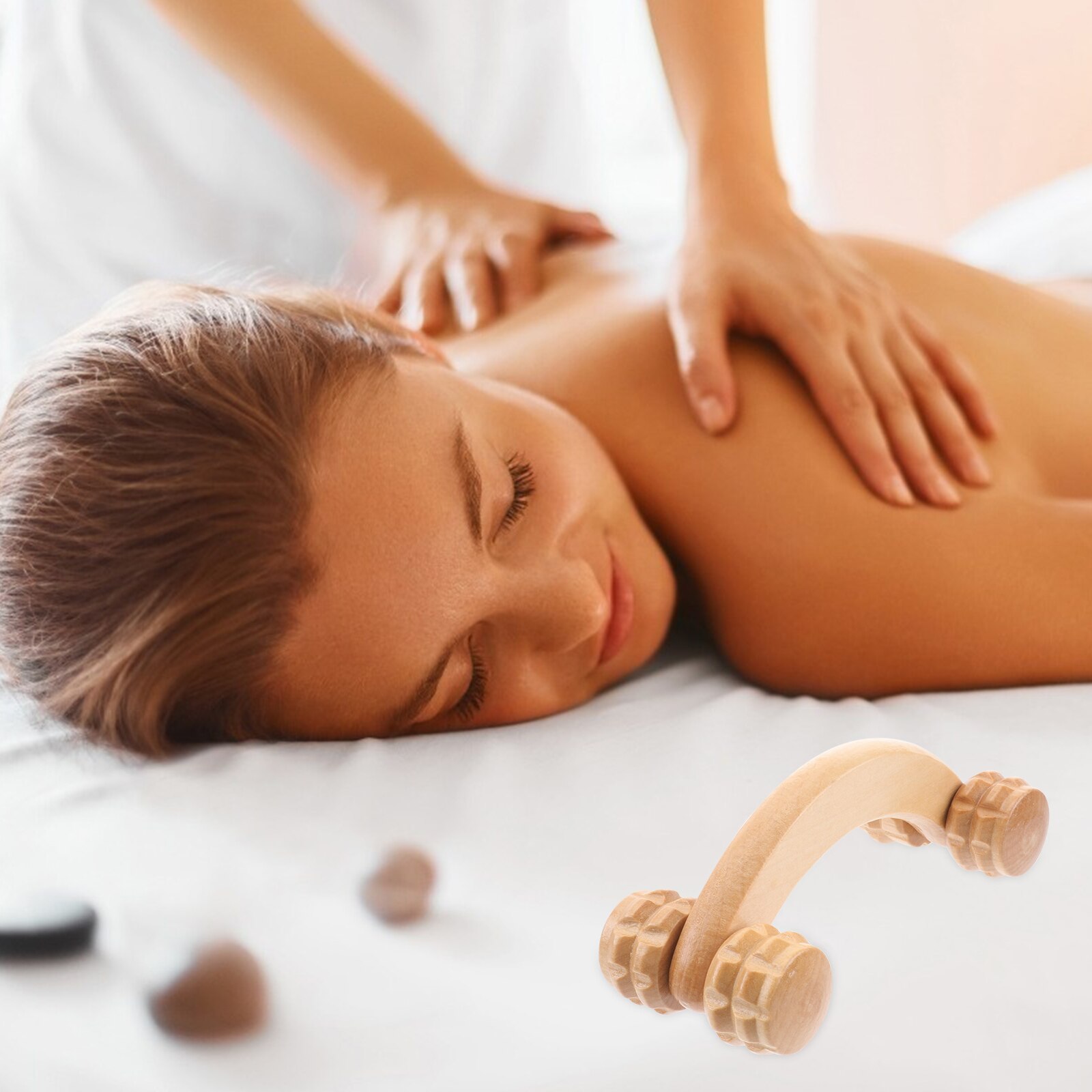 Wooden Roller Neck Massager 4-Wheels Manual Shoulder Massager for Full Body Neck Knee