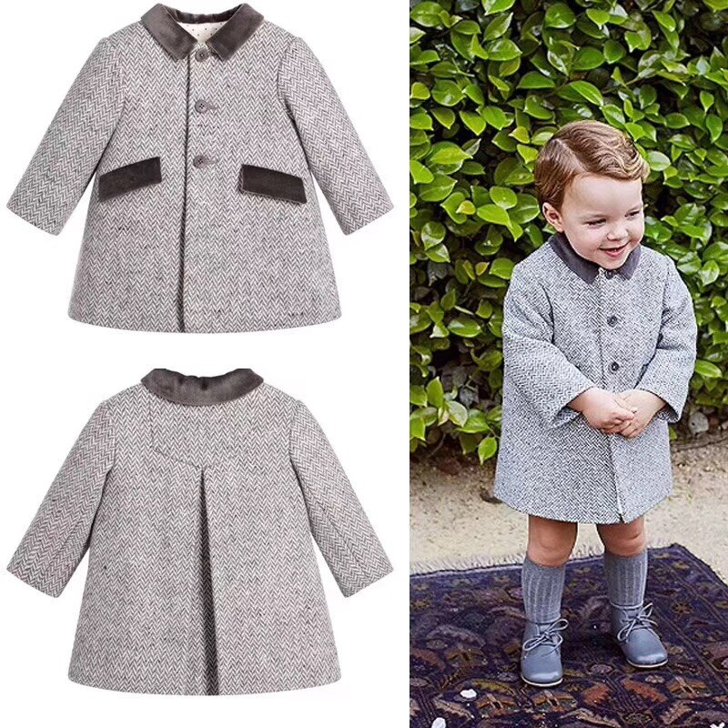 Spanska barnkläder höst och vinter barnkappa dubbelsidig ulljacka toddler boy jacka: Mörkgrå / 100cm
