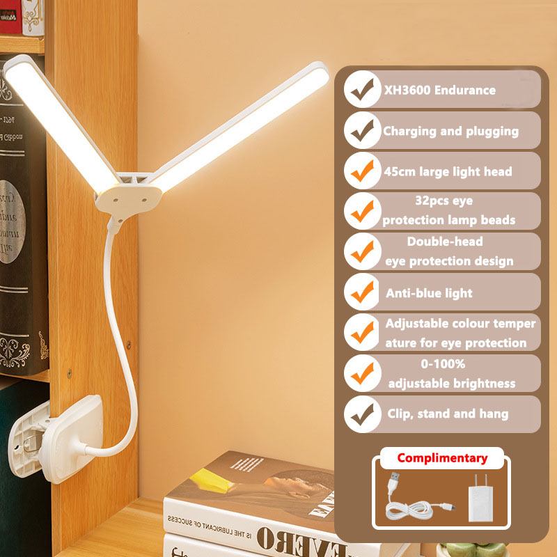 Lampe Double LED Soin des Yeux - Rechargeable & à Clip - Lampe de Lecture Chevet Dortoir: GRIS