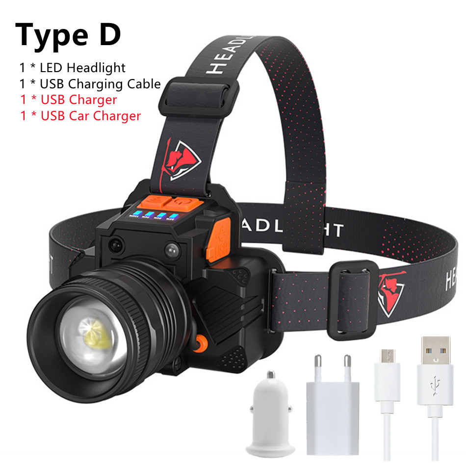 LED Headlamp Rechargeable Headlight 800 Lumen Sensor Waterproof Head Lamp 3 Modes Adjustable Headband Flashlight: Type D