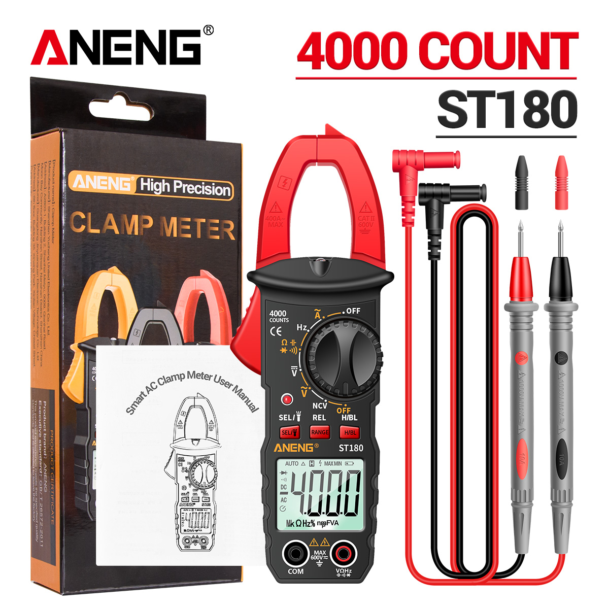 ANENG ST180 pince multimètre numérique 4000 points ampèremètre de courant alternatif multimètre testeur de tension ampli de voiture Hz capacité NCV Ohm outils: Rouge