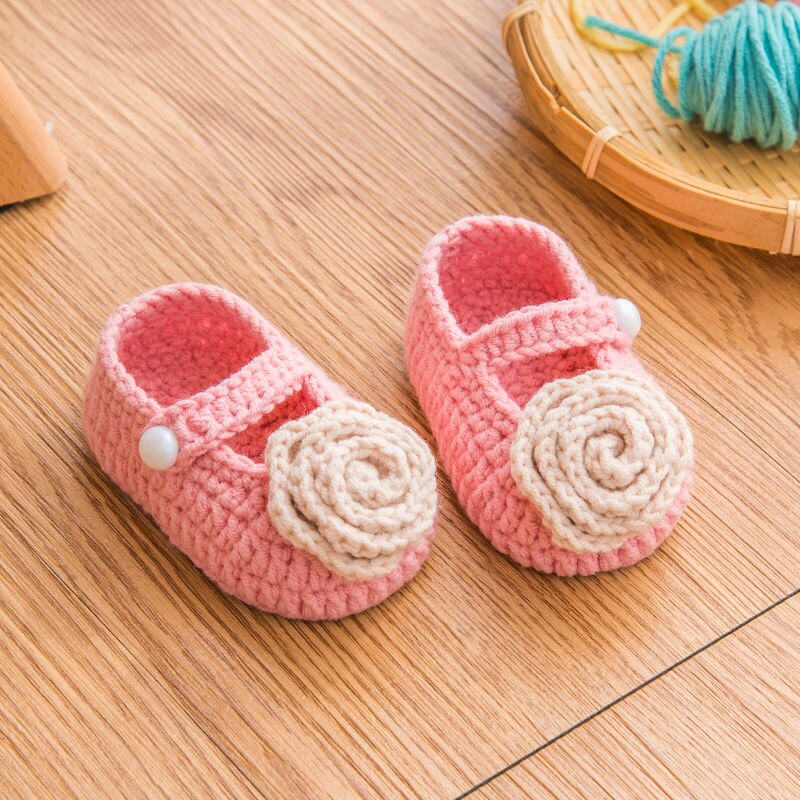 Qyflyxuehandmade Wol Haak Gebreide Baby Schoenen, Wol En Katoen Garen Materialen, Pasgeboren Schoenen: Roze / 9cm