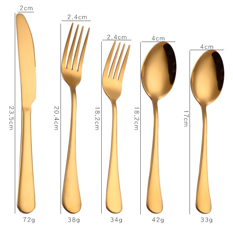5 st set, färgglada bestick i rostfritt stål, svart bestick set, gafflar och skedar biff kniv set, middag cultery, matservering: Guld 5 st
