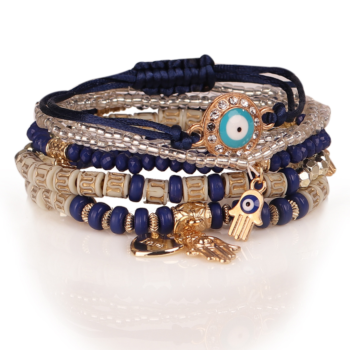 conjunto de pulsera con borlas de mal de ojo para mujer, abalorio de mano de Fátima de cristal, brazalete de cadena con cuentas de piedra, de joyería bohemia para mujer: Color oro puro