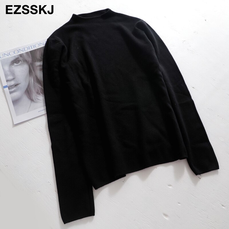 Høst vår oversize genser gensere kvinner løse kvinnelige basic tynn krøllet genser lange ermer strikkede gensere topp: Svart