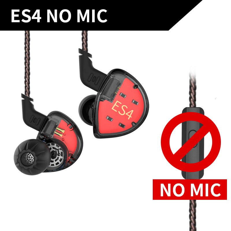 Kz ES4 In Ear Monitors Anker En Dynamische Hybrid Headset Ear Oortelefoon Oordopjes Hifi Bass Noise Cancelling Ear Haken Hoofdtelefoon: ES4Black no mic