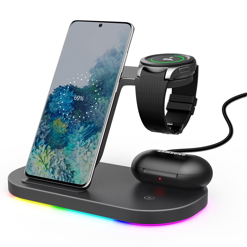 3 In 1 Wireless Chargers Station 15W Fast Charging for Samsung Z Fold3 Z Flip3 S21 S20 Galaxy Watch 4 3 Active 2 Gear S3 S4 Buds: Style1 Black