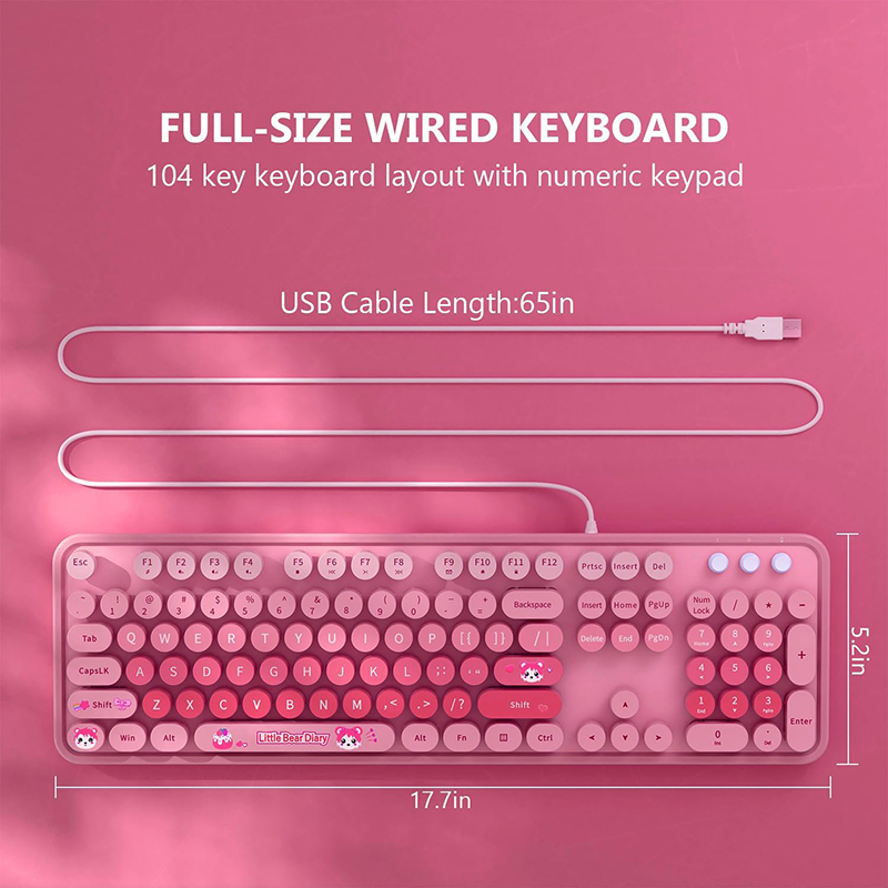 Ergonomic USB Plug and Play Wired Keyboard 104 Keys Full size Coloful Retro Round Cute Keycaps Wired Keyboard for WinXP/7/8/10