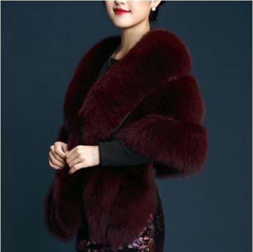 Veste en fausse fourrure blanche de luxe pour mariée, vêtement d&#39;extérieur boléro de mariage, Cape d&#39;hiver, robe chaude: burgundy