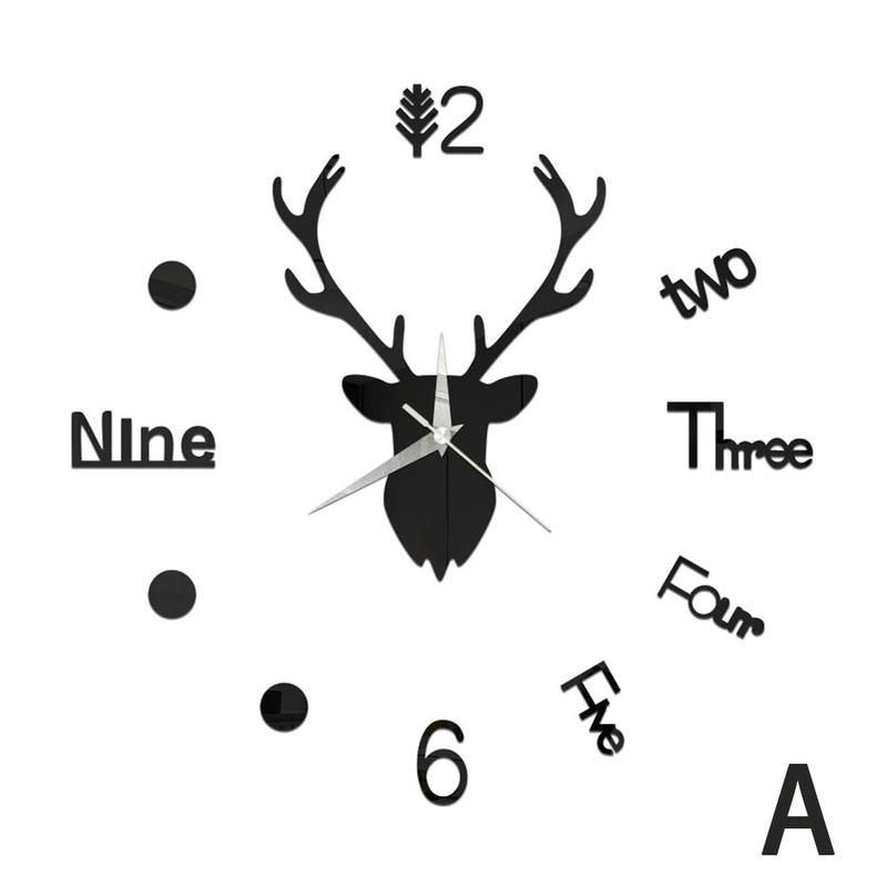 bricolage 3D horloge murale miroir Stickers muraux cerf grand mur vivant Quartz horloge tête chambre Art maison décor autocollant Q0H4: A