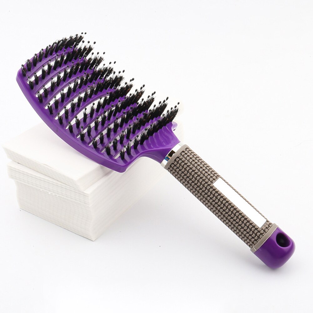 Cepillo de pelo de jabalí, peine de pelo curvado con ventilación, cepillo para desenredar el cabello grueso, masaje, cepillo de secado, peine de arbusto para el cabello: Purple