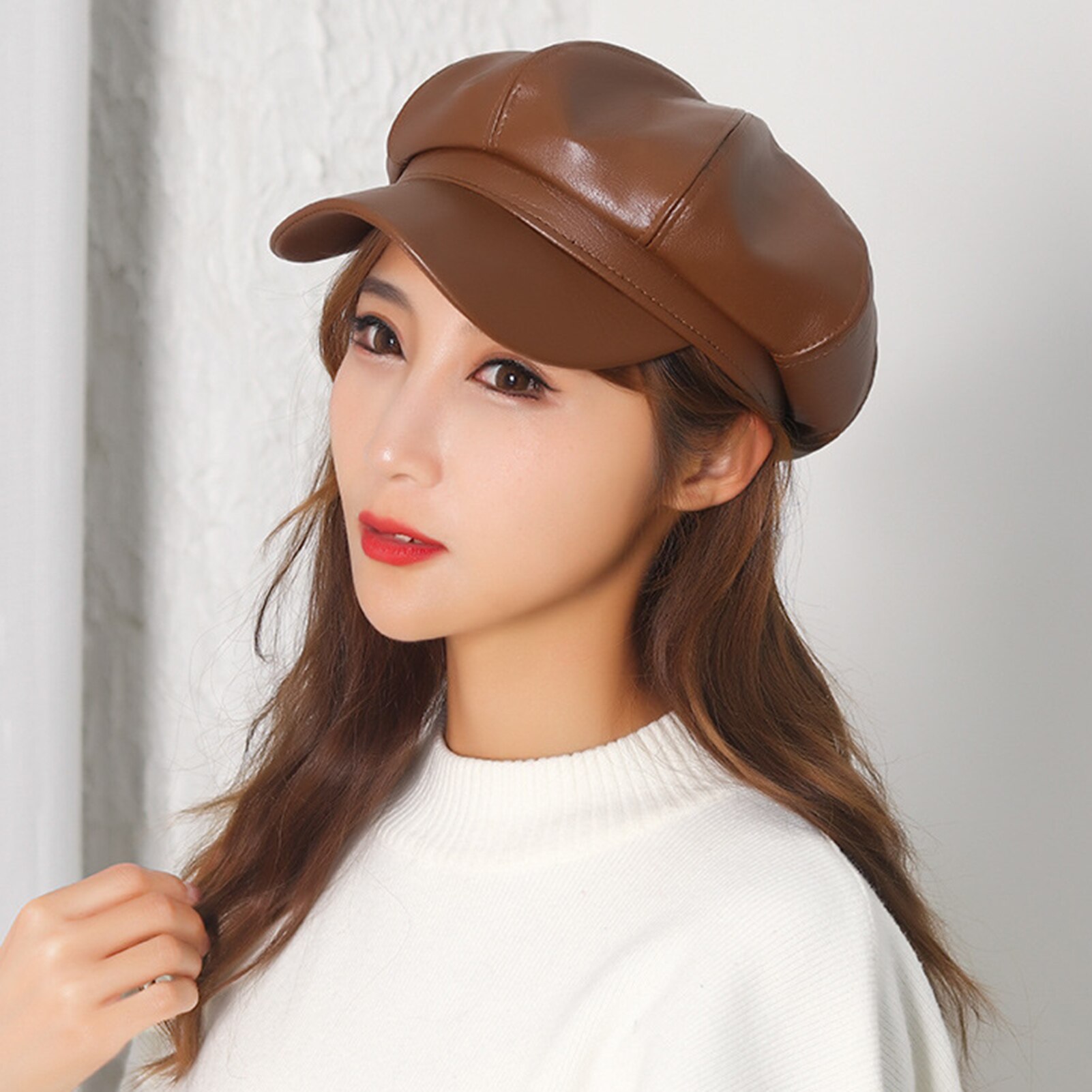 Vrouwen Hoeden Baret Cap Kunstleer Verstelbare Octagon Faux Lederen Hoeden Voor Party Street Wear Шапка Зимняя Женская