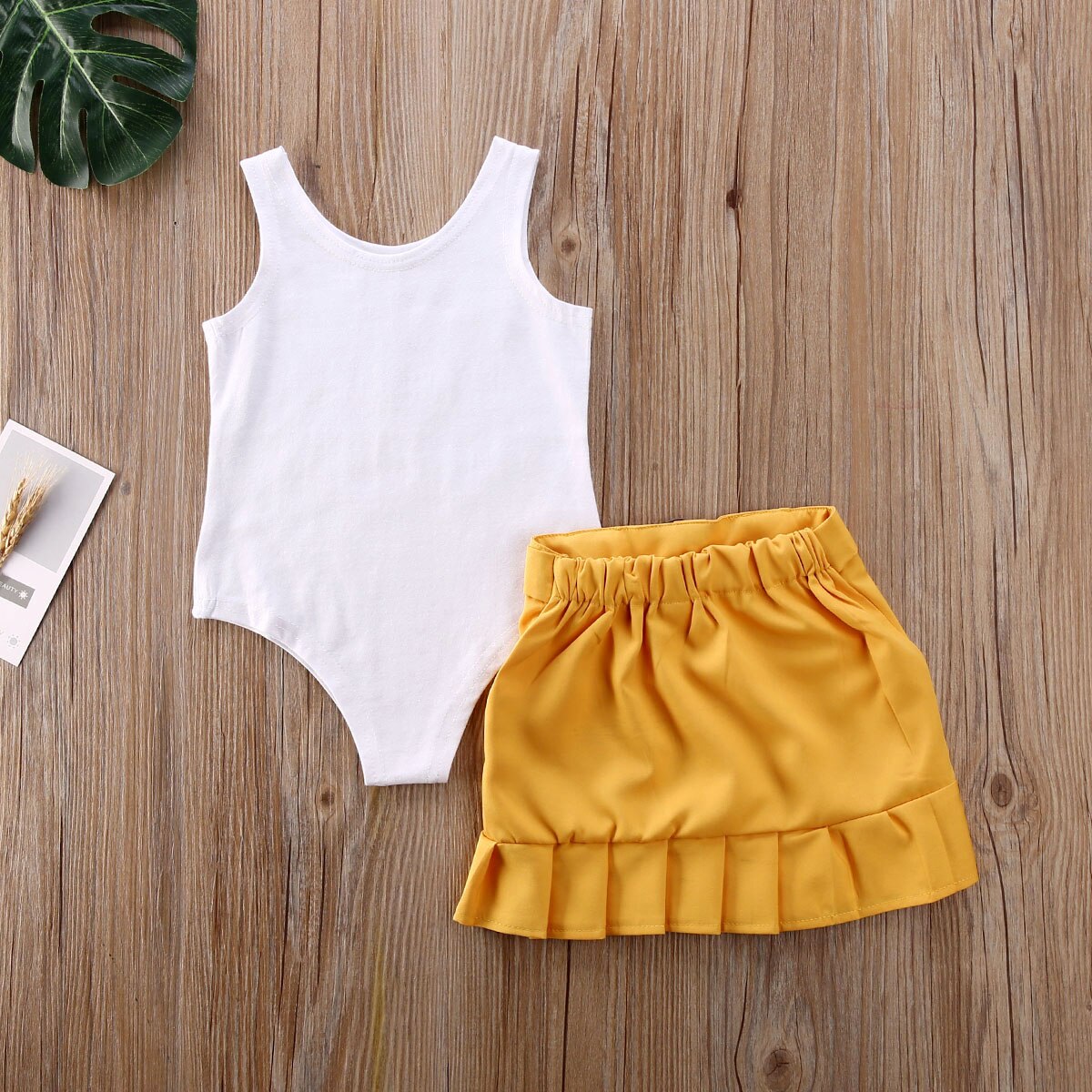 2 stk småbørn børn baby pige tøj sæt ærmeløs solid vest romper gul plisseret nederdel sommer outfit sæt