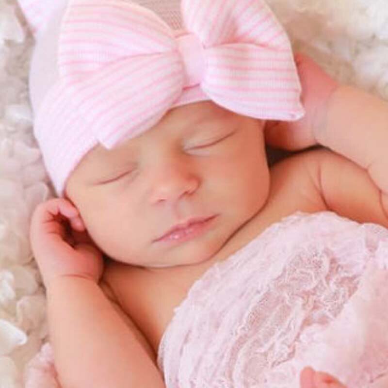Leuke Pasgeboren Baby Hoeden Grote Boog Knoop Roze Diamant Streep Peuter Knit Caps Zachte Elastische Katoen Pasgeboren Baby Meisje Hoed kids Hoeden