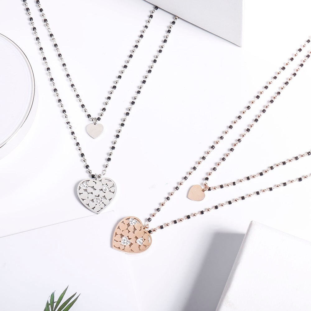 Acier inoxydable coeur déclaration collier 2 couches cristal perles chaîne bohême bijoux pendentif colliers pour femmes accessoire