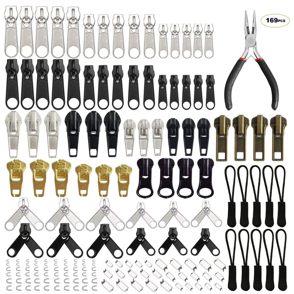 169 Pcs Zipper Repair Kit Zipper Replacement Pull Rescue with Zipper Install Pliers Tool &amp; Extension Pulls for Clothing Jackets
