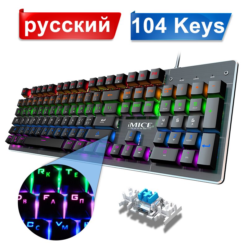 Gaming Keyboard Mechanical Keyboard Backlight RGB Backlit Game Keyboards Russian Keycaps for Gamer PC Computer Gaming Keyboard: 104Keys Russian