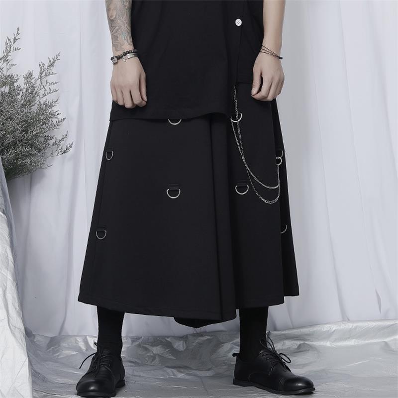 Herren Culottes Neue lässig Neun-Minute Hosen verlieren Breite Bein Hosen Yamamoto Stil dunkel Metall Kette Verziert übergroßen Culottes