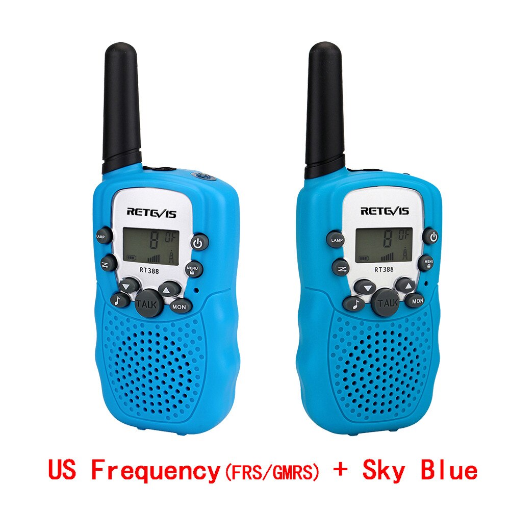 Mini rádio de duas vias para crianças, rádio duas peças de walkie talkie retevis rt388 pmr446 pmr frs/gmrs, transmissor prático para crianças headset woki toki + 2 peças: US Freq and Sky Blue