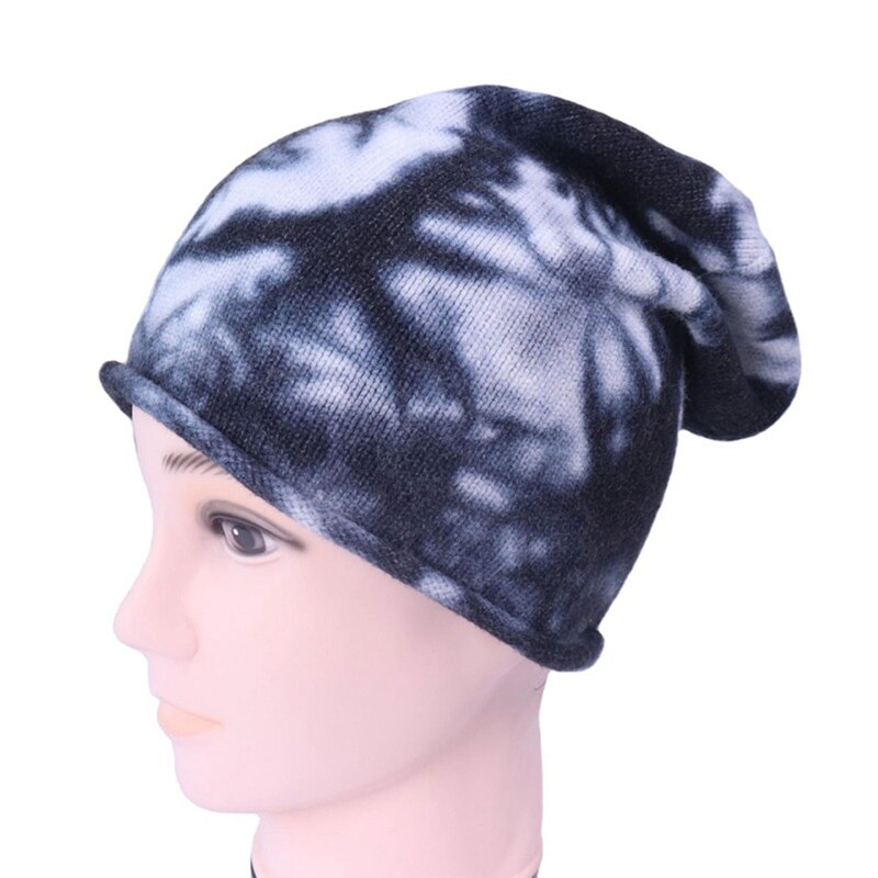 Unisex Hip Hop Elastische Gebreide Slouchy Beanie Hoed Gradiënt Tie-Dye Skull Cap: Black