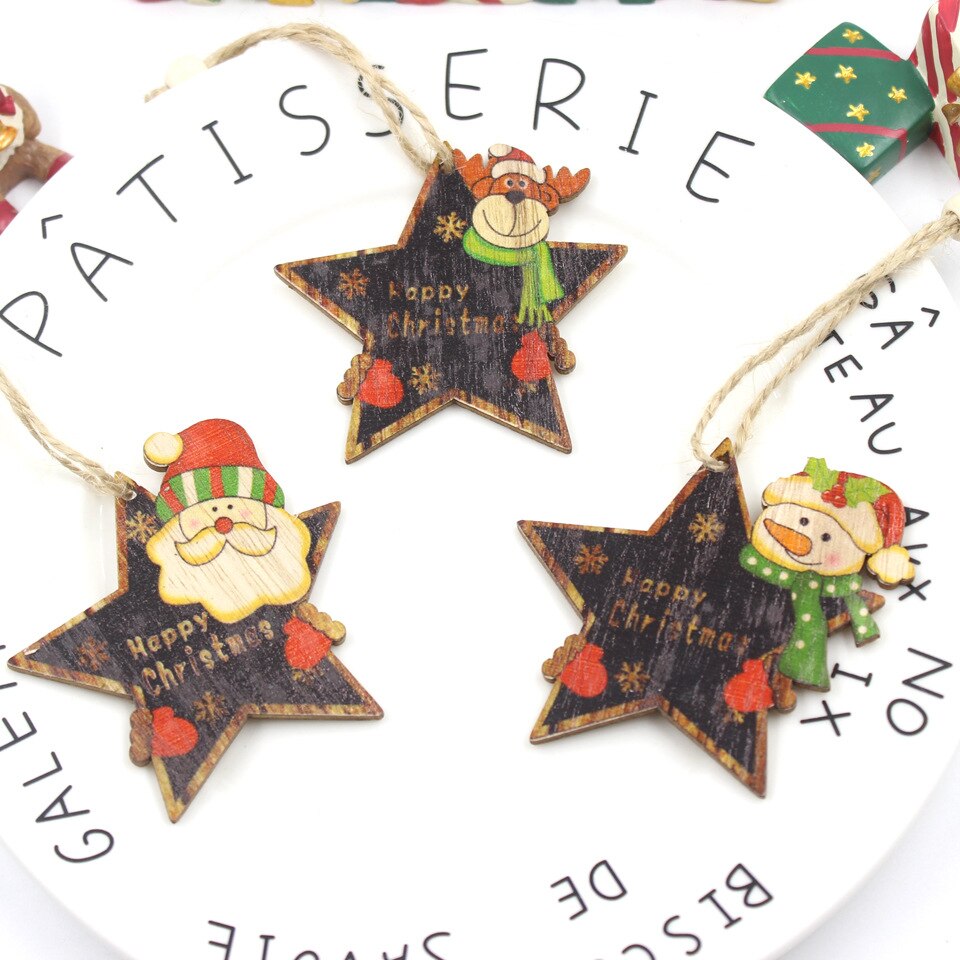 5-6PCS/LOT.wood star xnas tree hanger Santa Snowman elk pendant Decorate party favor Kindergarten decoration ornaments OEM