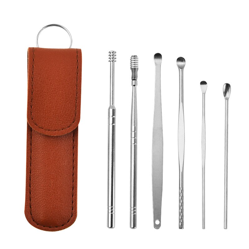 6PCS Ear Wax Remove Tool Ear Pick Cleaning Tools Portable Multi-function Ear Wax Pickers Steel Earpick Wax Remover: Type 2 Brown