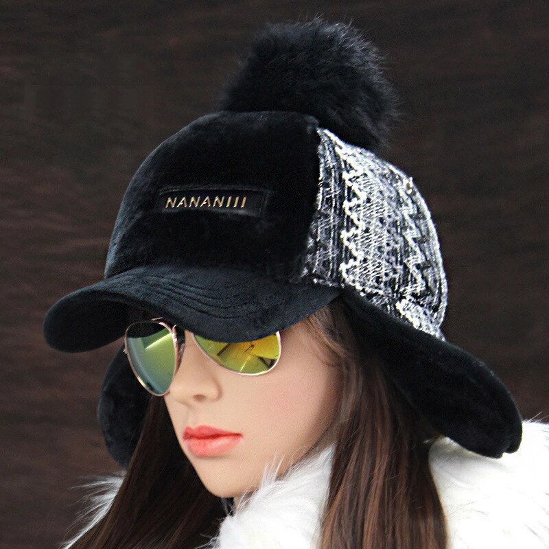 Winter Faux Cashmere Bomber Hat Women Earflap Caps Faux Fur Pompom Snow Hats Adjustable Bohemian Russian Ushanka