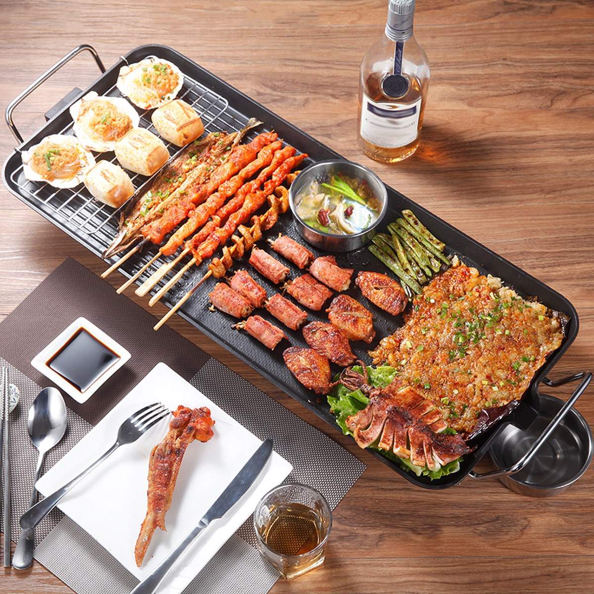 Parrilla eléctrica antiadherente de 1500W para barbacoa, máquina de barbacoa sin humo, parrilla eléctrica ajustable de 5 niveles para el hogar, utensilios de cocina para hornos