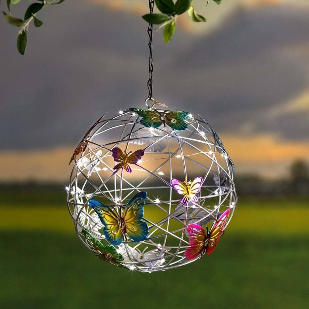 Vlinder Metalen Bal Opknoping Solar Licht Met Waterdichte Weven Lamp Tuin Decoratie Outdoor Suncatchers