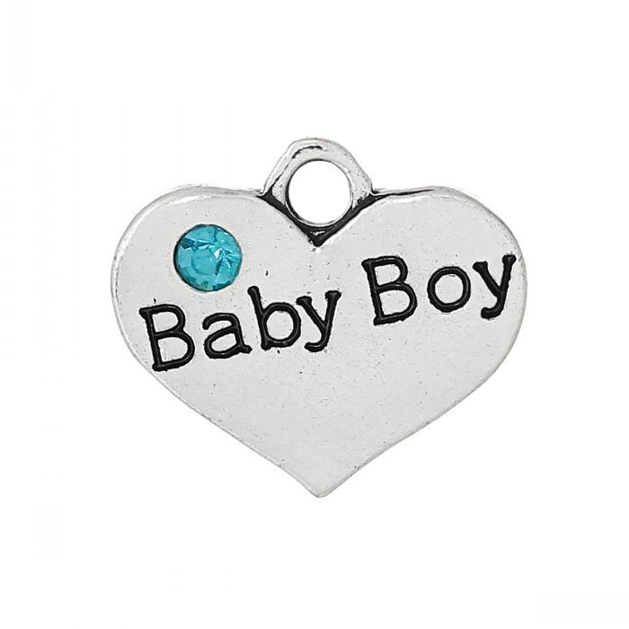 Doreen Box Charm Pendants Heart Silver Color Message&quot;Baby Boy&quot;Carved Skyblue Rhinestone 16mm x 14mm(5/8&quot; x 4/8&quot;),20 PCs