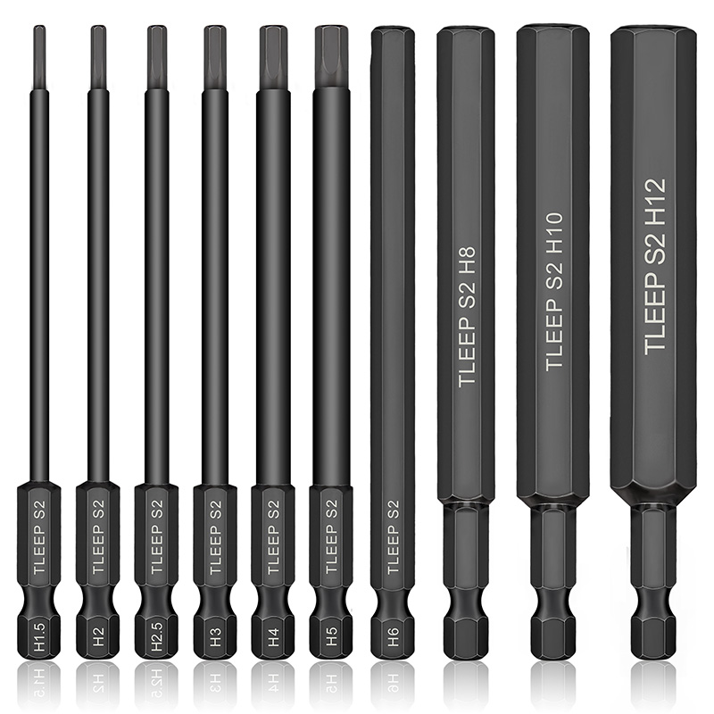 10pcs Hex Head Allen Wrench Drill Bit Set 100mm S2 Steel Allen Screwdriver Bits 1.5 to 12mm SAE Metric Hex Key Bit with Magnetic