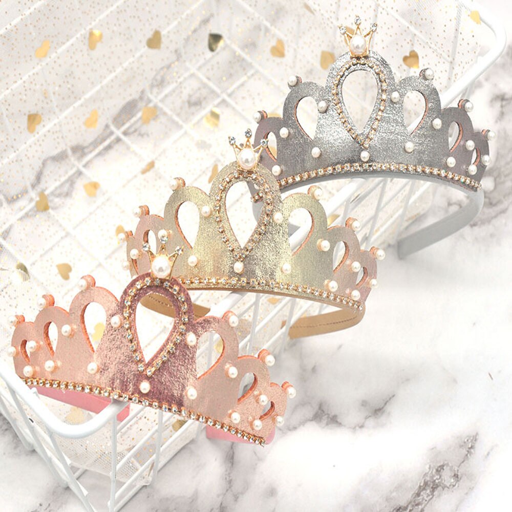 Prinses Meisjes Crown Glitter Haar Hoepel Kinderen Hoofddeksels Party Zoete Strass Parel Hoofdband Effen Kleur Handgemaakte Accessoires