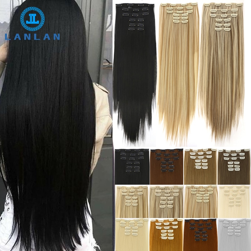 LANLAN 16 clips Lange Gerade Synthetische Haar Extensions Clips in Hohe Temperatur Faser Schwarz Braun Haarteil